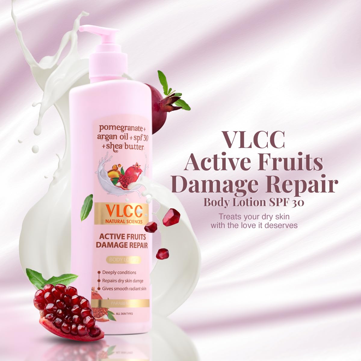 VLCC Active Fruits Damage Repair Body Lotion SPF 30 PA+++ - 400ml for Deep Conditioning, Dry Skin Repairing Body Lotion | With Pomegranate, Almond Oil & Shea Butter | UV Protection Body Lotion.