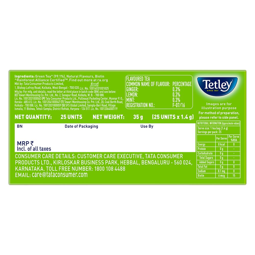 Tetley Green Tea Beauty Care, With Added Biotin, Supports Hair and Skin, 0 Calories, Natural Ginger, Mint and Lemon Flavors, 25 Sachets (1.7 g each)