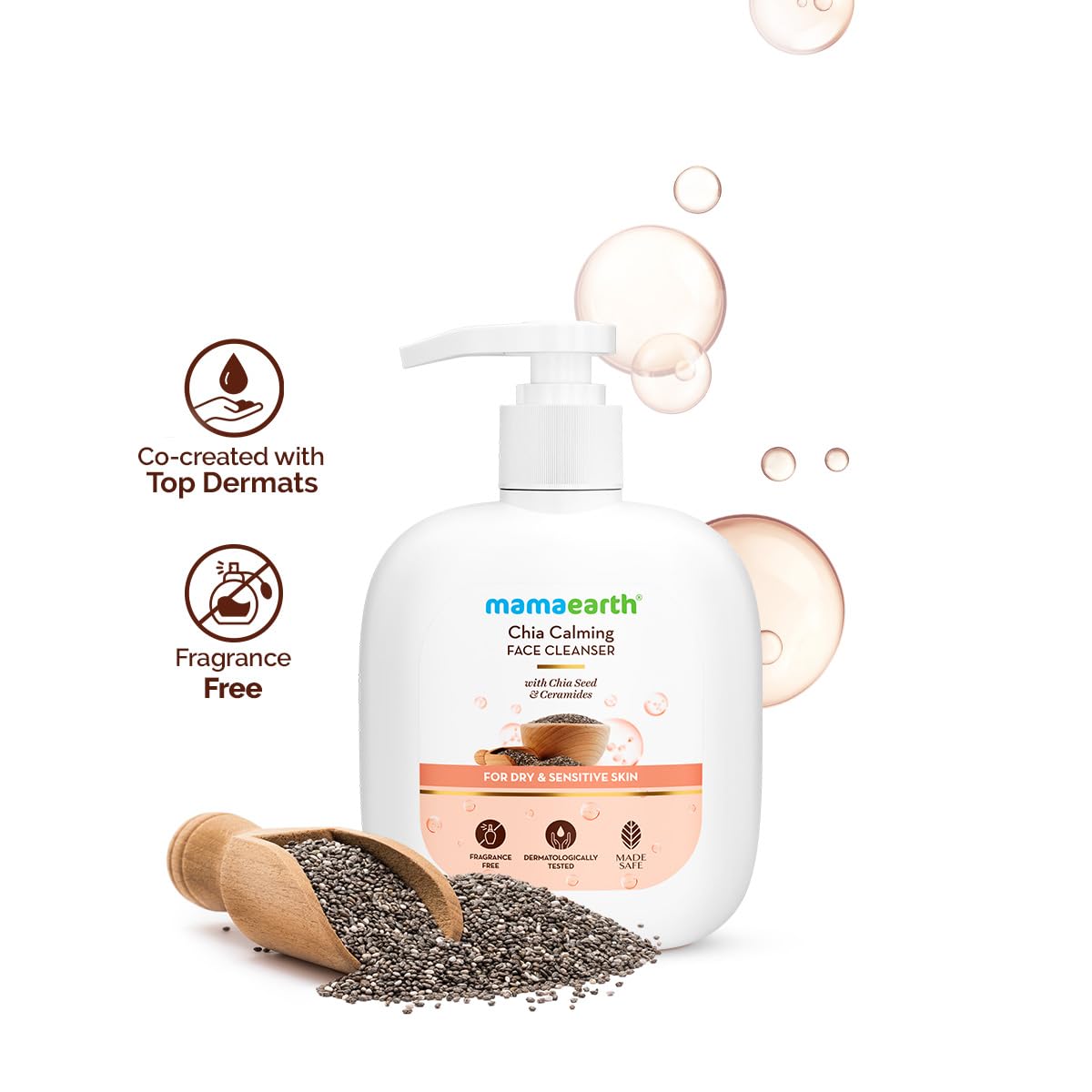 Mamaearth Chia Calming Face Cleanser with Chia Seed & Ceramides for Dry & Sensitive Skin - 180 ml | Gives Hydrated Glow | Co-created with Top Dermats | Non-foaming | Cleanses Gently | Healthy Skin Barrier