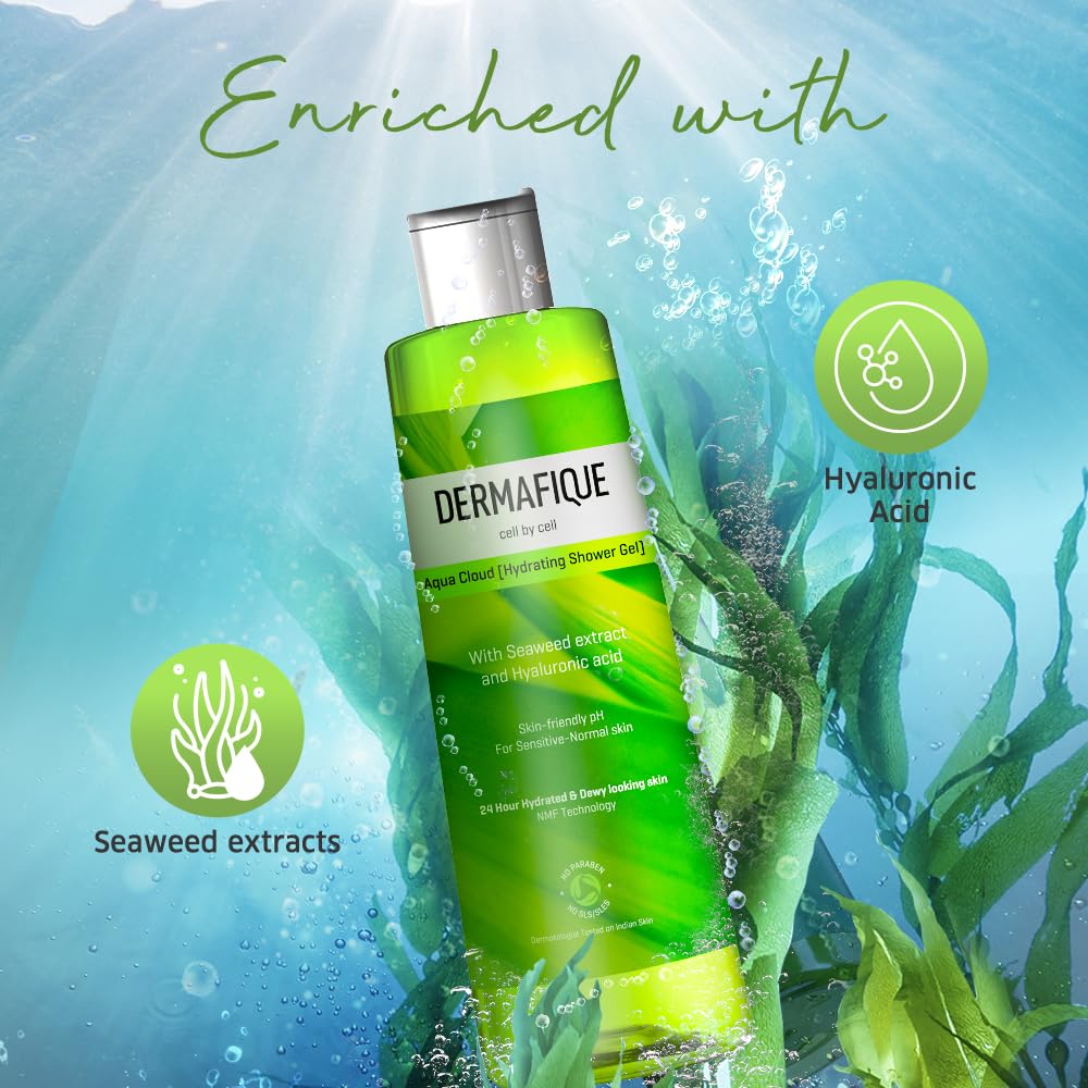 Dermafique Aqua Cloud Hydrating Shower Gel – 250ml, Body Wash for Women & Men, No Parabens/SLS/SLES,with Seaweed Extracts & Hyaluronic Acid, Suitable for Sensitive - Normal Skin | Dermatologist Tested