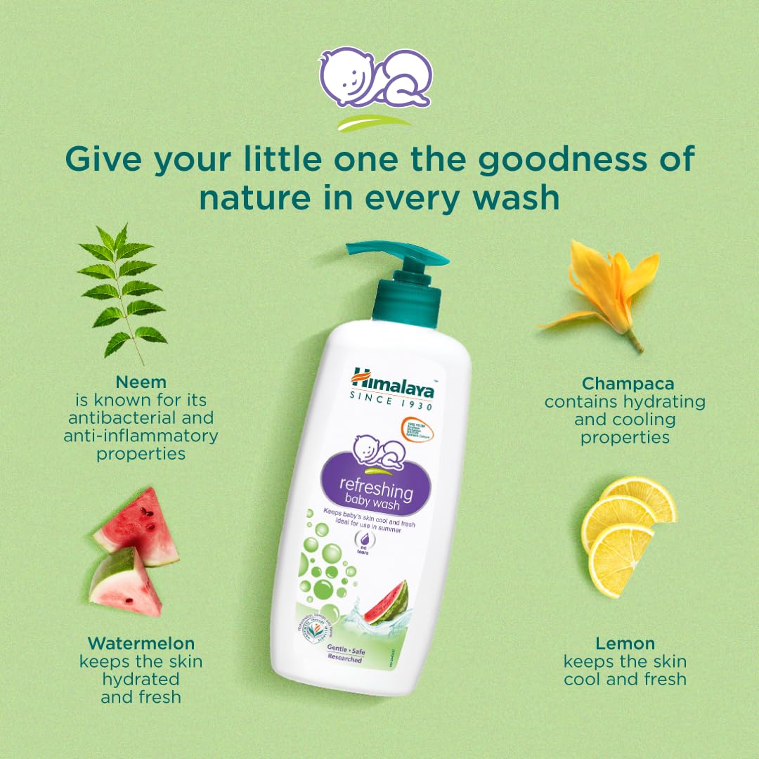 Himalaya Refreshing Baby Wash| Tear-free formula|with watemelone|Keeps baby's  skin cool & fresh|No Parabens|No SLS|No SLES|No synthetic colors|400ml (Pack of 2)