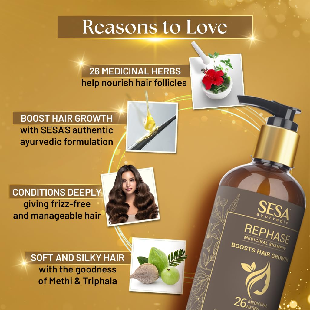 SESA Ayurvedic Rephase Refill Hair Oil 100 Ml And Rephase Shampoo 300 Ml With 26 Herbs And 6 Essential Oils Help Control Hair Fall & Strengthen Roots Hair Combo For Women And Men
