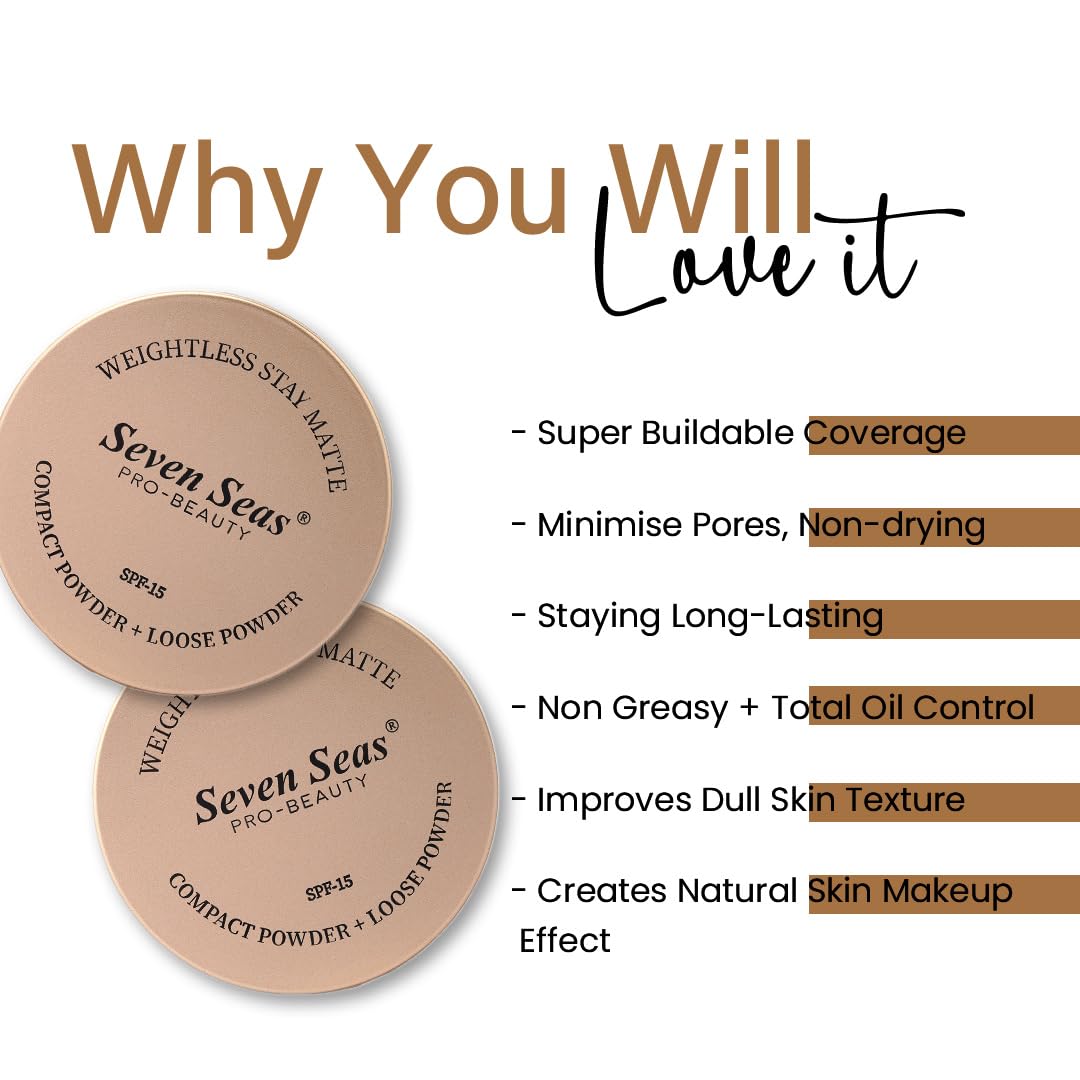 Seven Seas 2 In 1 Weightless Stay Matte Compact Powder | Pressed Powder + Loose Powder | SPF 15 | Non Oily Matte Look | Evens Out Complexion | Hides Imperfections | Blends Effortlessly (Banana)