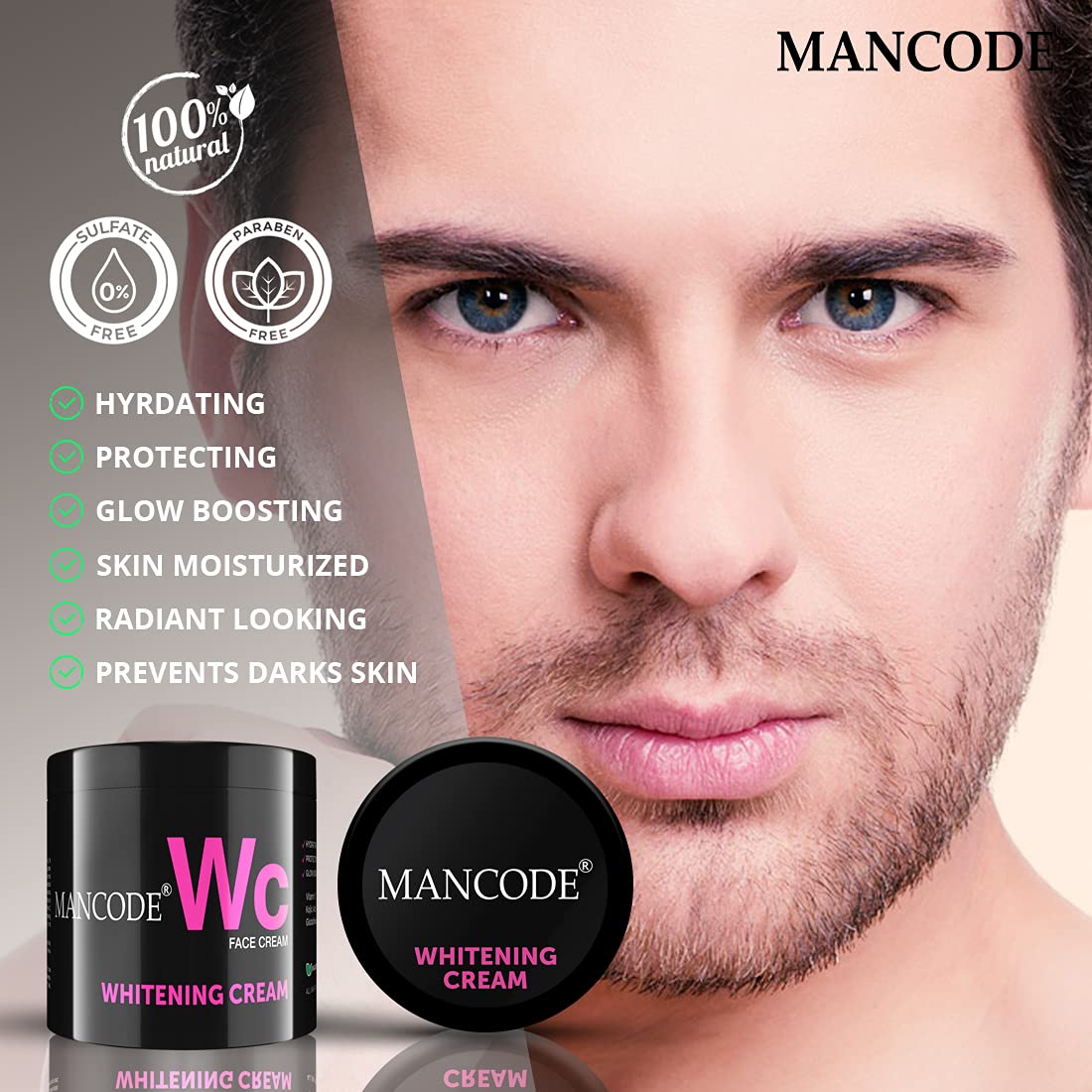 Mancode Whitening Cream for Men | 100g | Glowing Radiant Skin | Daily Defence From Pollution | Reduces Acne & Dark Spots | Cream With UV Protect | Everyday Skin Care