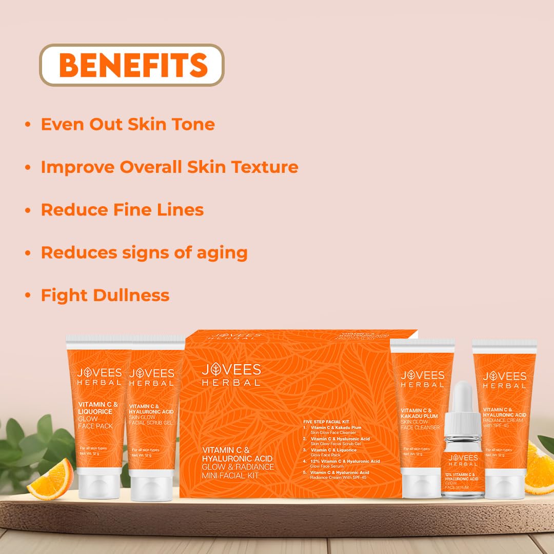Jovees Herbal Vitamin C & Hyaluronic Acid Glow & Radiance Mini Facial Kit For Brighter & Glowing Skin | Kit For Improves Uneven Skin Tone, Fines Lines & Dullness 53g (Multiple use)