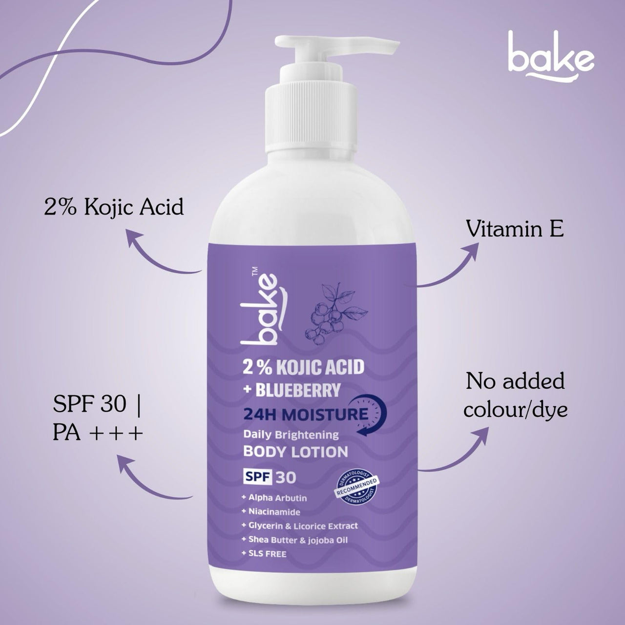 BAKE 2% Kojic Acid Brightening Body Lotion with Niacinamide & SPF 30 PA+++ for Pigmentation & Tan Removal | For Dark Spots & Sun Protection | De-Tan Body Lotion | Tanned & Pigmented Skin | For Women & Men | 200ml