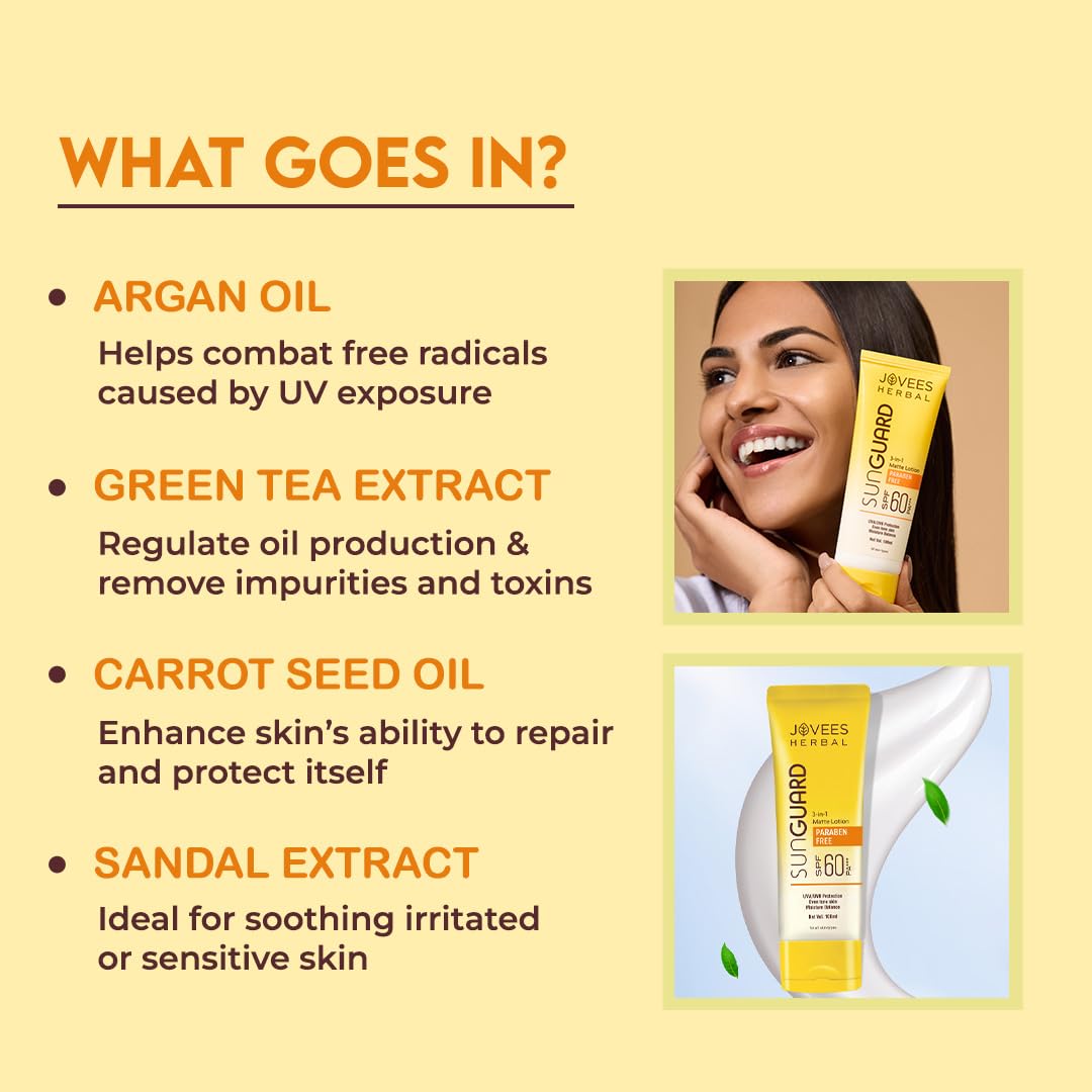 Jovees Herbal Sun Guard Lotion SPF 60 Pa+++ Broad Spectrum For All Skin | 3 in 1 Matte Lotion UVA/UVB Protection, Moisture Balance, Even Tone Skin For Women/Men 100ml