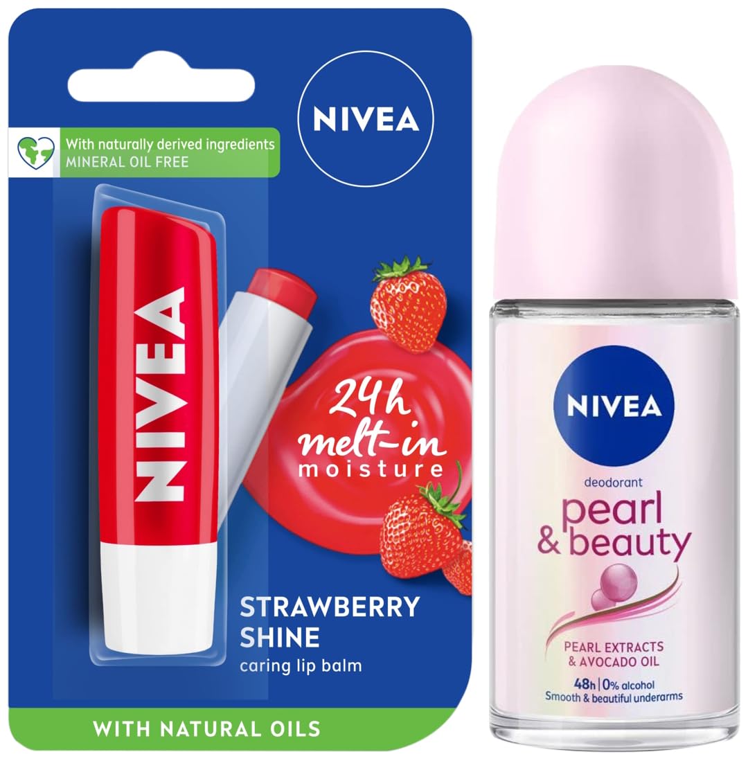 Nivea Deodorant Roll On, Pearl & Beauty for Women, 50ml And Nivea Lip Balm, Fruity Strawberry Shine for Women, 4.8g