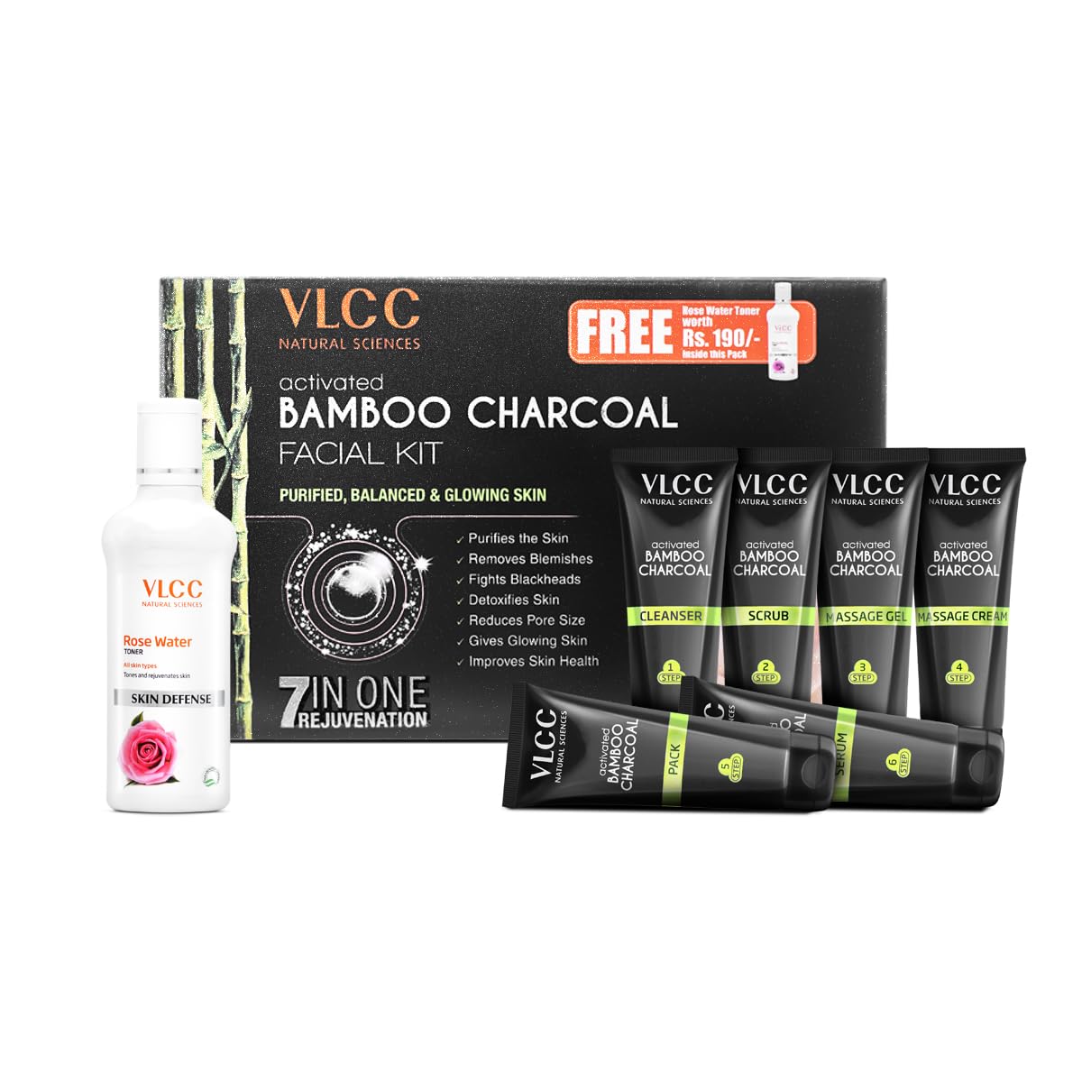 VLCC Activated Bamboo Charcoal Facial Kit with FREE Rose Water Toner - 300g + 100ml | Anti-Blemish Skin Purifying | At Home Facial Kit | Anti-Acne Facial with Activated Bamboo Charcoal