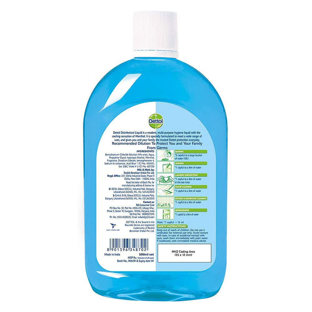 Dettol Liquid Disinfectant for Floor Cleaner, Surface Disinfection , Personal Hygiene (Menthol Cool, 500ml- Pack of 2)