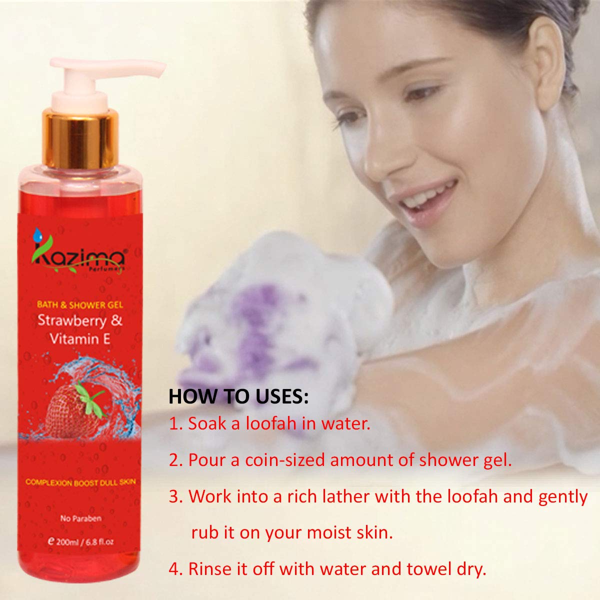 KAZIMA Strawberry & Vitamin E Bath Shower Gel & Luxury Body Wash (200ML) For Skin Renewal, Nourishing, Refreshing (Free From Parabens)