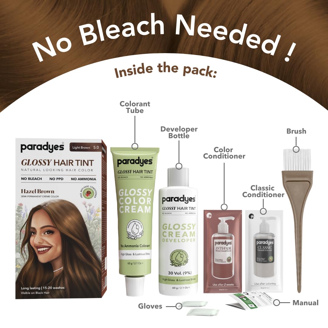 Paradyes No Bleach Hazel Brown Glossy Hair Tint, Ammonia-Free Formula for Natural Black Hair, Visible on Natural Black Hair, Includes Anti-Fade Conditioner for Long-Lasting Shine, 5 Light Brown