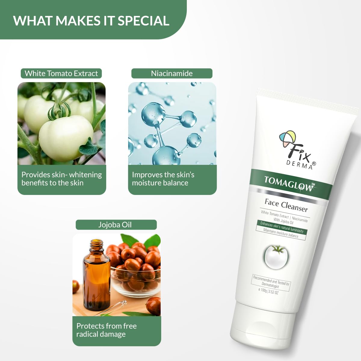 Fixderma Tomaglow Face Cleanser with White Tomato Extract, 2% Alpha Arbutin, 4% Niacinamide Tan Removal and Skin Brightening - 100 gm