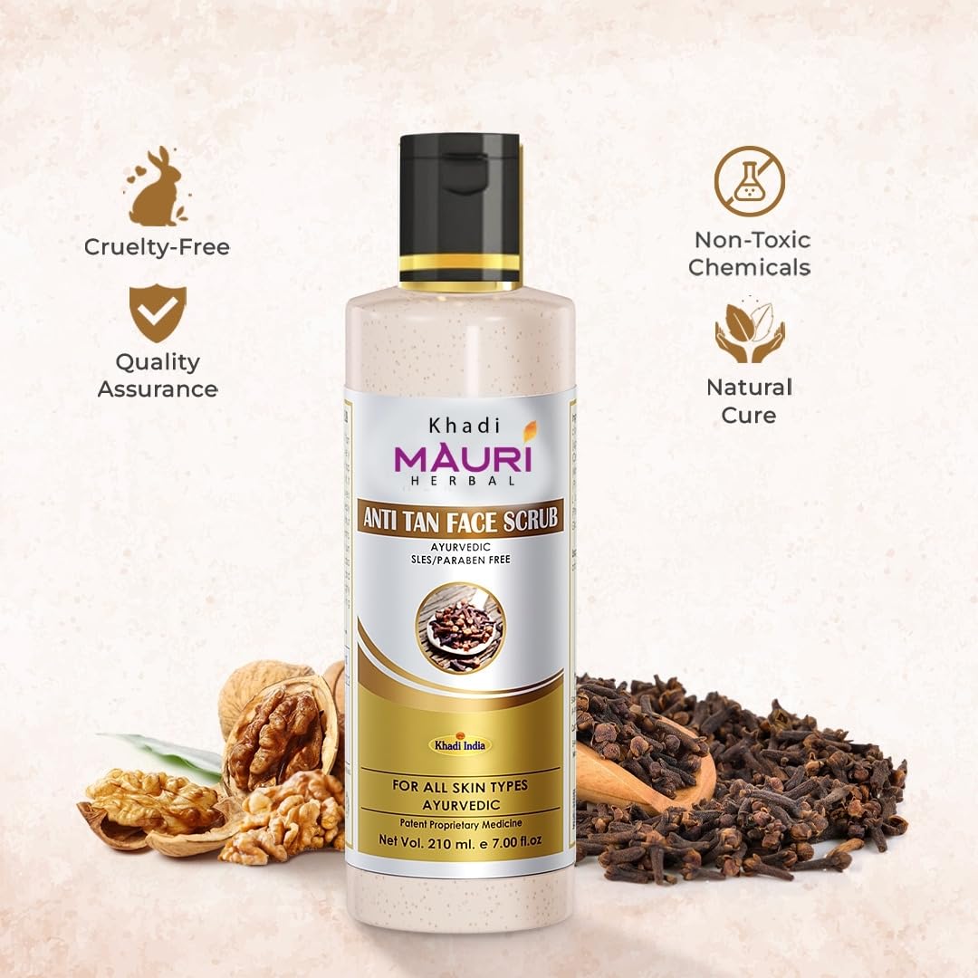 Khadi Mauri Herbal Anti Tan Face Scrub Removes Tan, Prevents Sun Damage & Boosts Skin Complexion, Yellow, 210 Ml