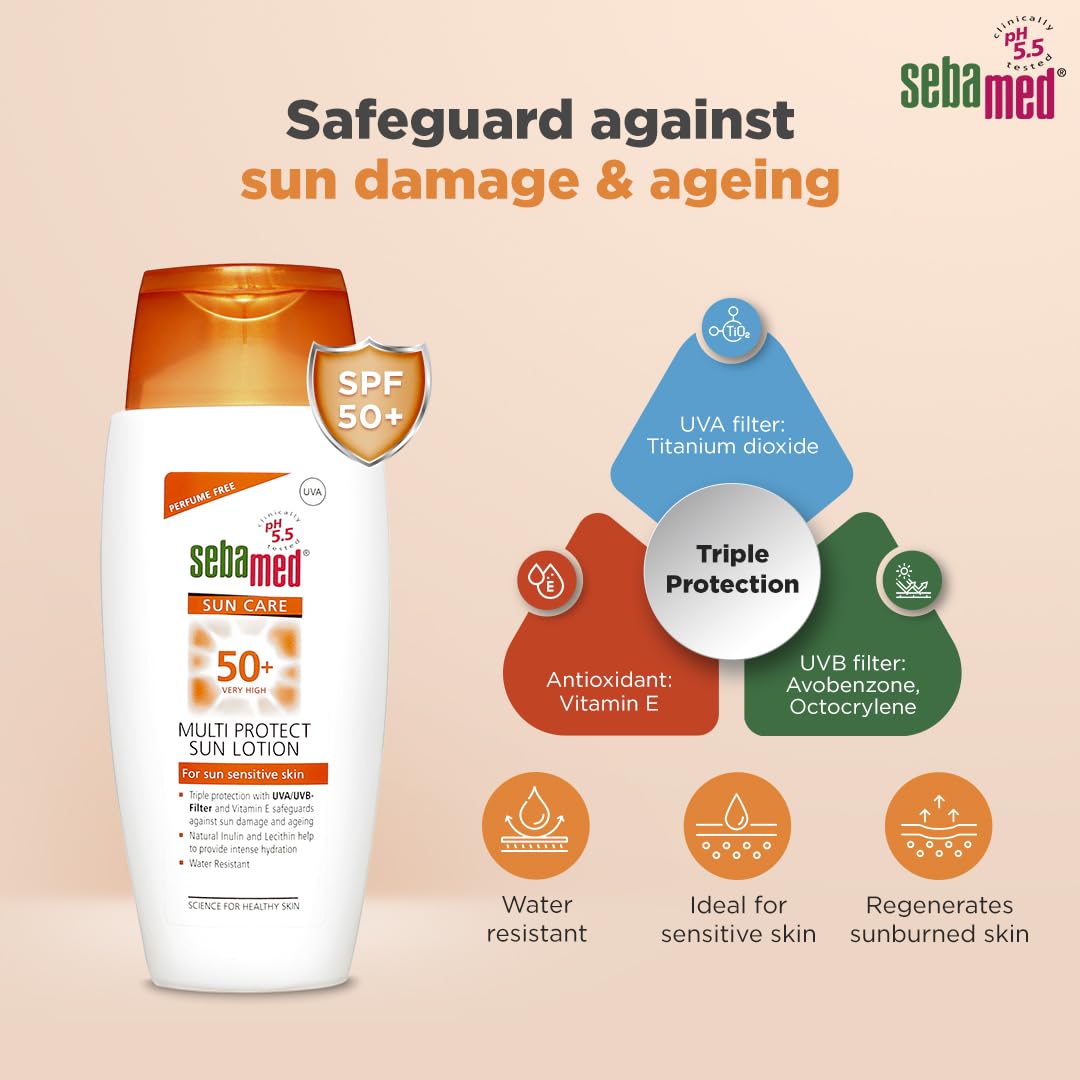 Sebamed Multi Protect Sun lotion SPF 50, 150 ml I UVA/UVB Protection filter I Water resistant sunscreen with pH 5.5 I Vitamin E I men & women I Suitable for children I Clinically tested.