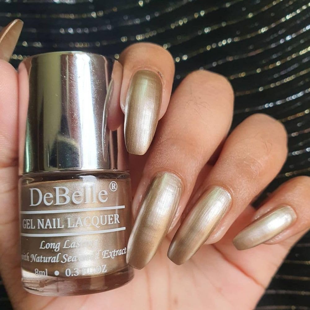 DeBelle Gel Nail Polish Chrome Beige (Metallic Beige Nail Paint)|Non UV - Gel Finish |Chip Resistant | Seaweed Enriched Formula| Long Lasting|Cruelty and Toxic Free| 8ml