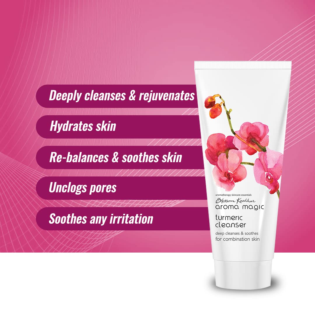 Aroma Magic Turmeric Cleanser | Deeply cleanses, hydrates, unclogs pores & soothes skin with Grapeseed, jojoba & ylang-ylang essential oils, Damask rose extracts | For Combination Skin - 100 gm
