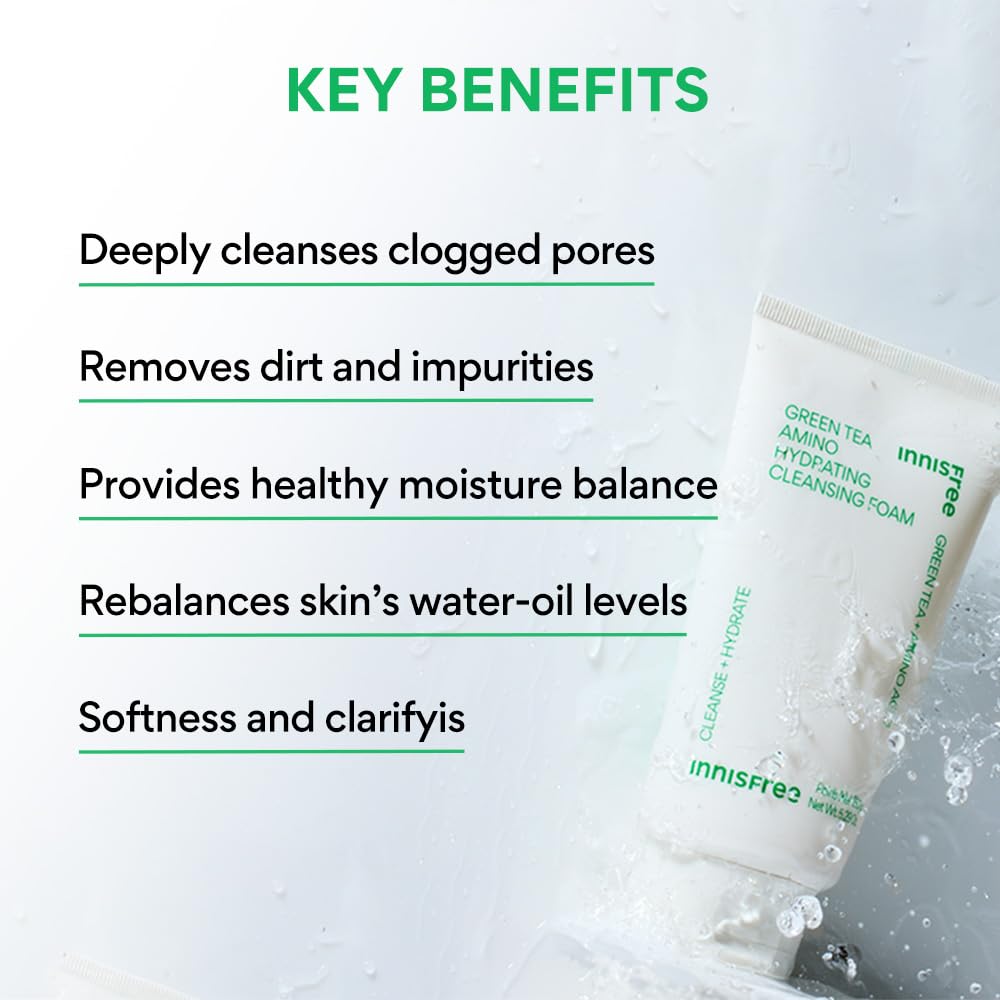 Innisfree Green Tea Hydrating Amino Acid Foam Cleanser 150g | Korean Face Wash with Green Tea Extract | Soft & Rich Amino foam | Dialy use cleanser for All Skin Types, Hydration & Moisturizing