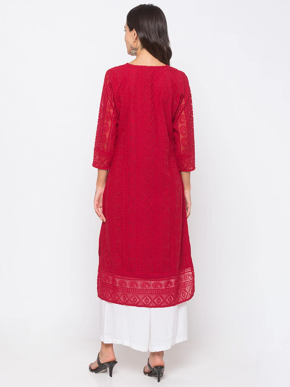 ZOLA Exclusive Georgette Round Neck with 3/4Th Sleeves and Calf Length Luckhnowi Chikan Kari Kurta with Button Placket On Yolk Ethnic Wear Straight Kurta for Women