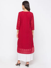 ZOLA Exclusive Georgette Round Neck with 3/4Th Sleeves and Calf Length Luckhnowi Chikan Kari Kurta with Button Placket On Yolk Ethnic Wear Straight Kurta for Women