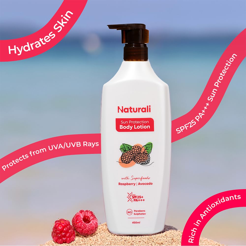 Naturali Sun Protection Sunscreen Body Lotion | SPF 25 PA+++ UVA/UVB Protection | Nourishing & Moisturising | Lightweight | Non-sticky | Non-greasy | Avocado & Raspberry Body Lotion | 400ml