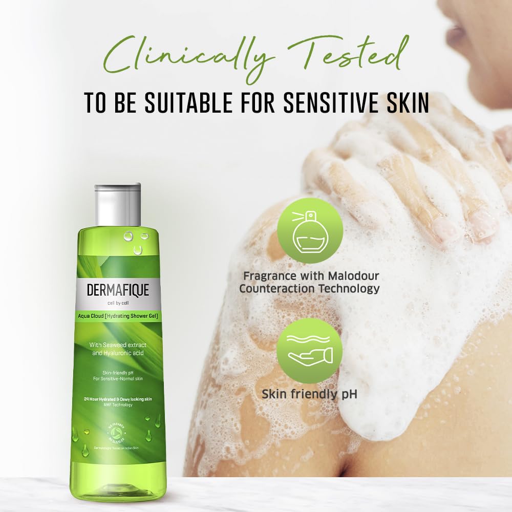 Dermafique Aqua Cloud Hydrating Shower Gel – 250ml, Body Wash for Women & Men, No Parabens/SLS/SLES,with Seaweed Extracts & Hyaluronic Acid, Suitable for Sensitive - Normal Skin | Dermatologist Tested
