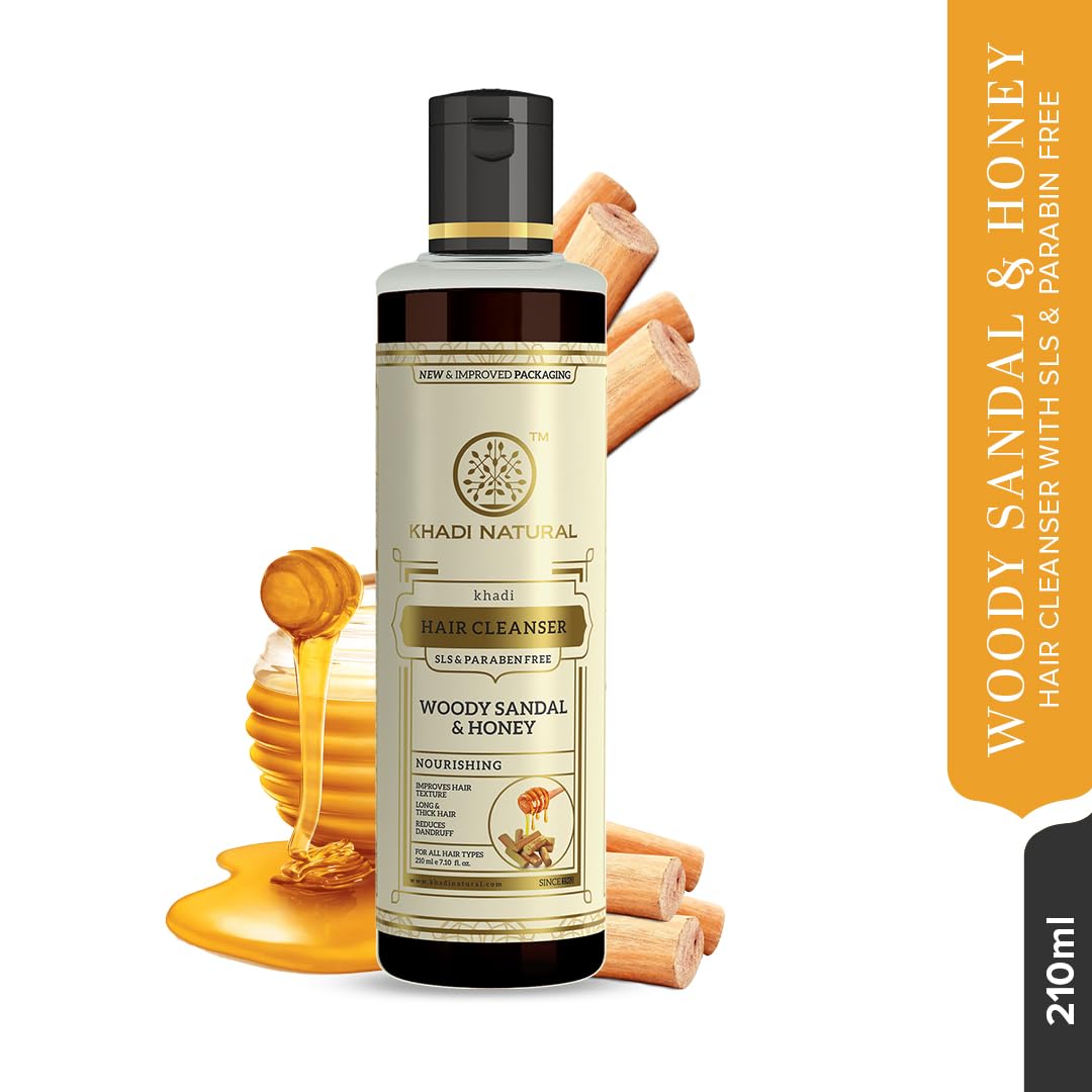 Khadi Natural Woody Sandal & Honey Hair Cleanser|Fights dandruff| Softens rough hair|SLS & Paraben Free |Suitable for all hair types|210 ml