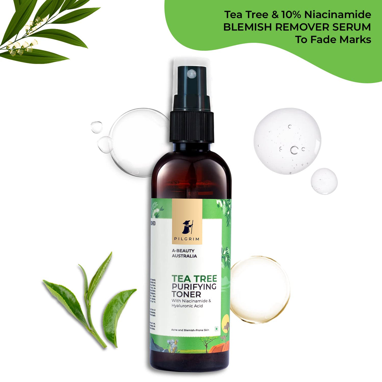 Pilgrim Tea Tree & 2% Niacinamide face toner for oily skin, acne & blemish prone skin | Toner for open pores tightening, pore cleansing & glowing skin | Women & Men | 100 ml
