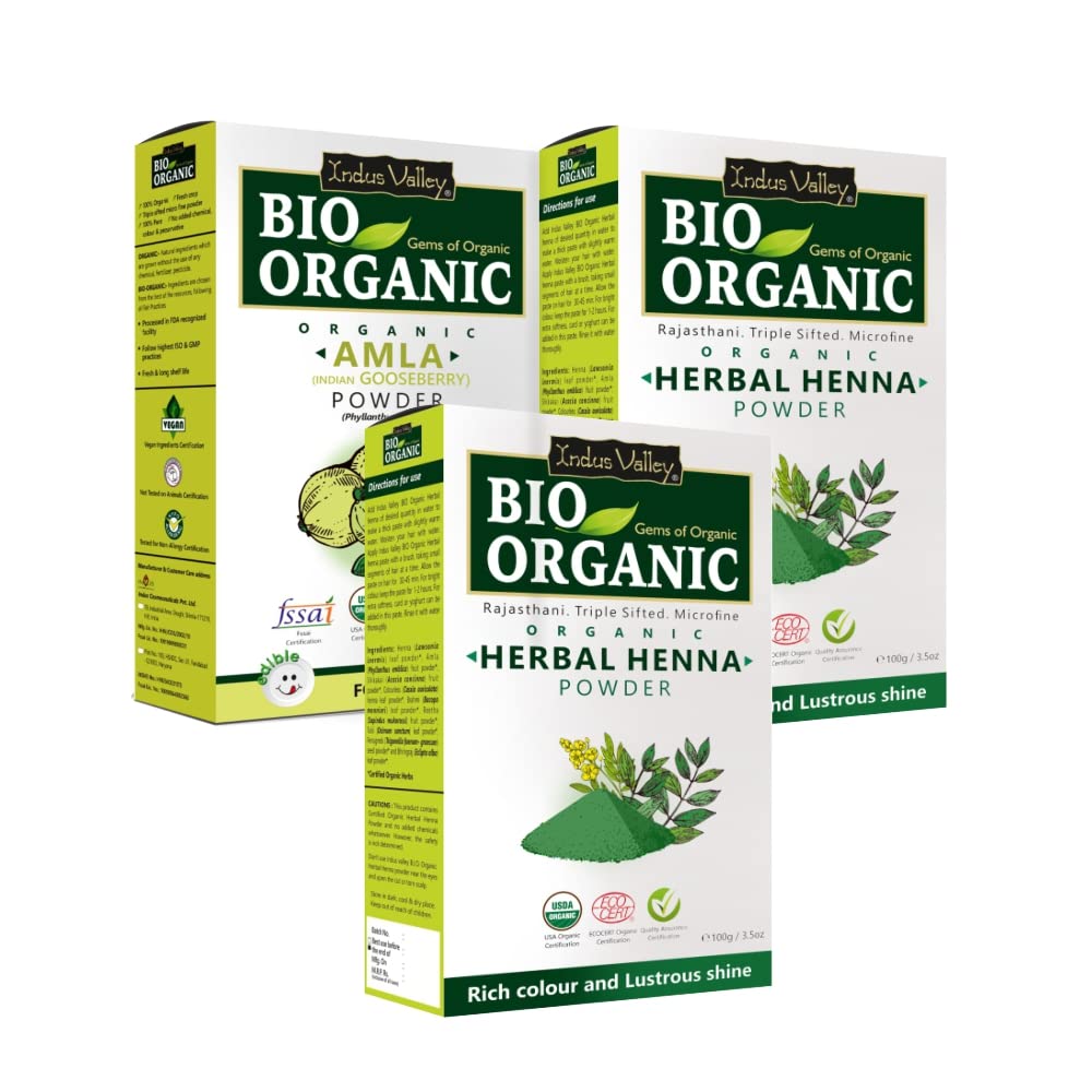 INDUS VALLEY Bio Organic Natural Amla Powder With Herbal Henna Powder Set of 2 For Hair Care - (100g *3=300g)