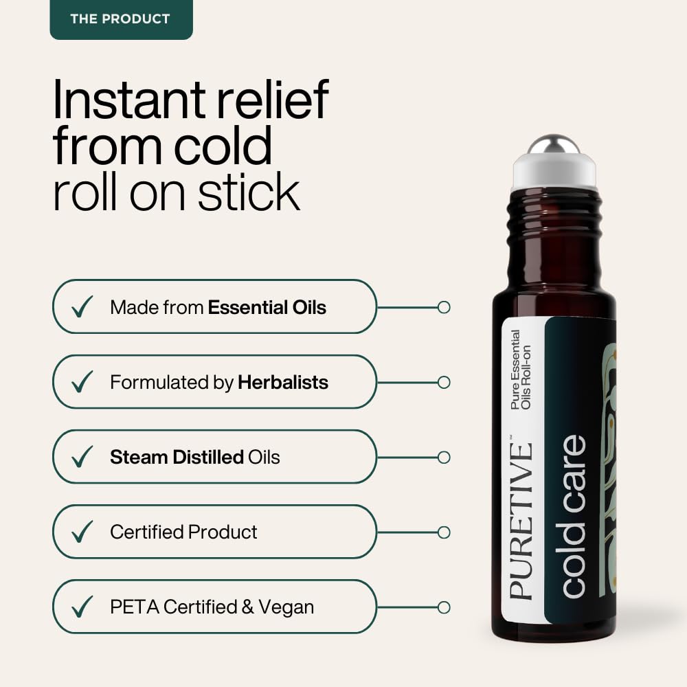 PURETIVE Cold Care Roll-On | Natural Breathing Support | Natural Congestion Relief | Refreshing Aroma| Pure & Safe & Gentle on Skin| 100% Pure Essential Oils | 10ML (Pack of 1)