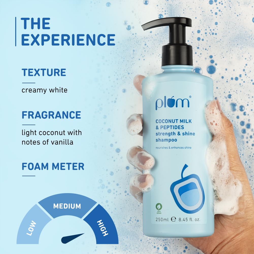 Plum Coconut Milk & Peptides strength & shine shampoo | Contains coconut milk, pea peptide | enhances hair's shine and strengthens hair | Paraben-Free| 100% vegan | 250ml