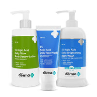 The Derma Co Hello Clear Skin Combo (1% Kojic Acid Face Wash 100ml+1% Kojic Acid Brightening Body Wash 250ml+1% Kojic Acid Daily Glow Body Serum-Lotion 250 ml) Fades Spots | Treats Pigmentation