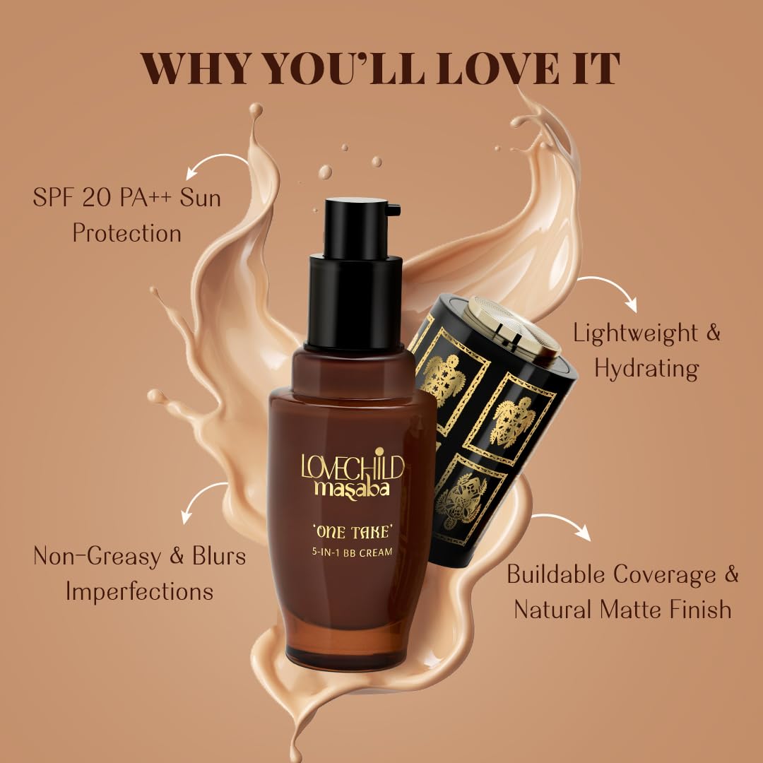 LoveChild Masaba One Take 5 in 1 BB Cream For Deep Skin Tone, Benefits of Serum, Primer, Moisturizer, Concealer & SPF 20 PA ++ Matte Finish All-in-One Tint for Flawless Skin, Tender Tigress 30ml