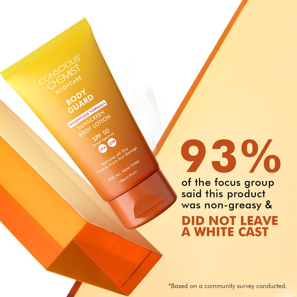 Conscious Chemist® Sunscreen SPF 50 | 150g | Sunscreen for Oily Skin, Instant Cooling, De-tan SPF Body Lotion, Niacinamide with Ceramides & Betaine, UVA/UVB Protection, Reduces Dark Spots, All Skin Types - Body Guard