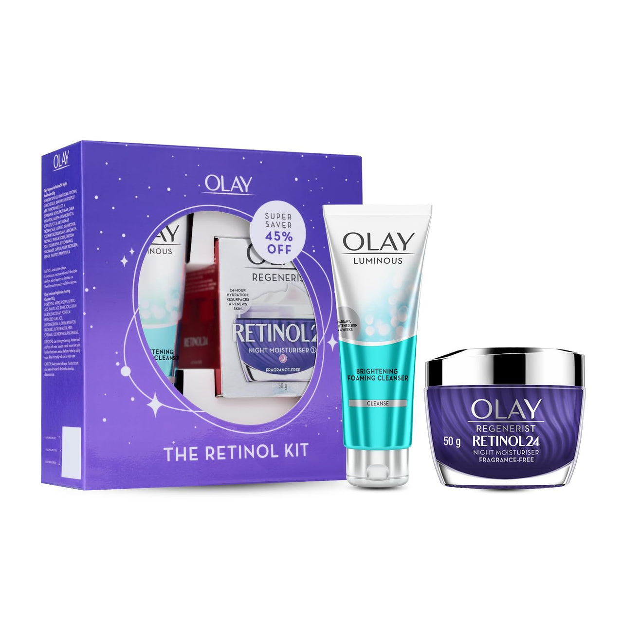 Olay Retinol Kit For Overnight Repair|Retinol Cream With Free Cleanser|Plumper, Younger Looking Skin|24H Hydration|Fragrance Free|Normal, Oily, Dry,Combination Skin|Paraben & Sulphate Free|Pack Of 2