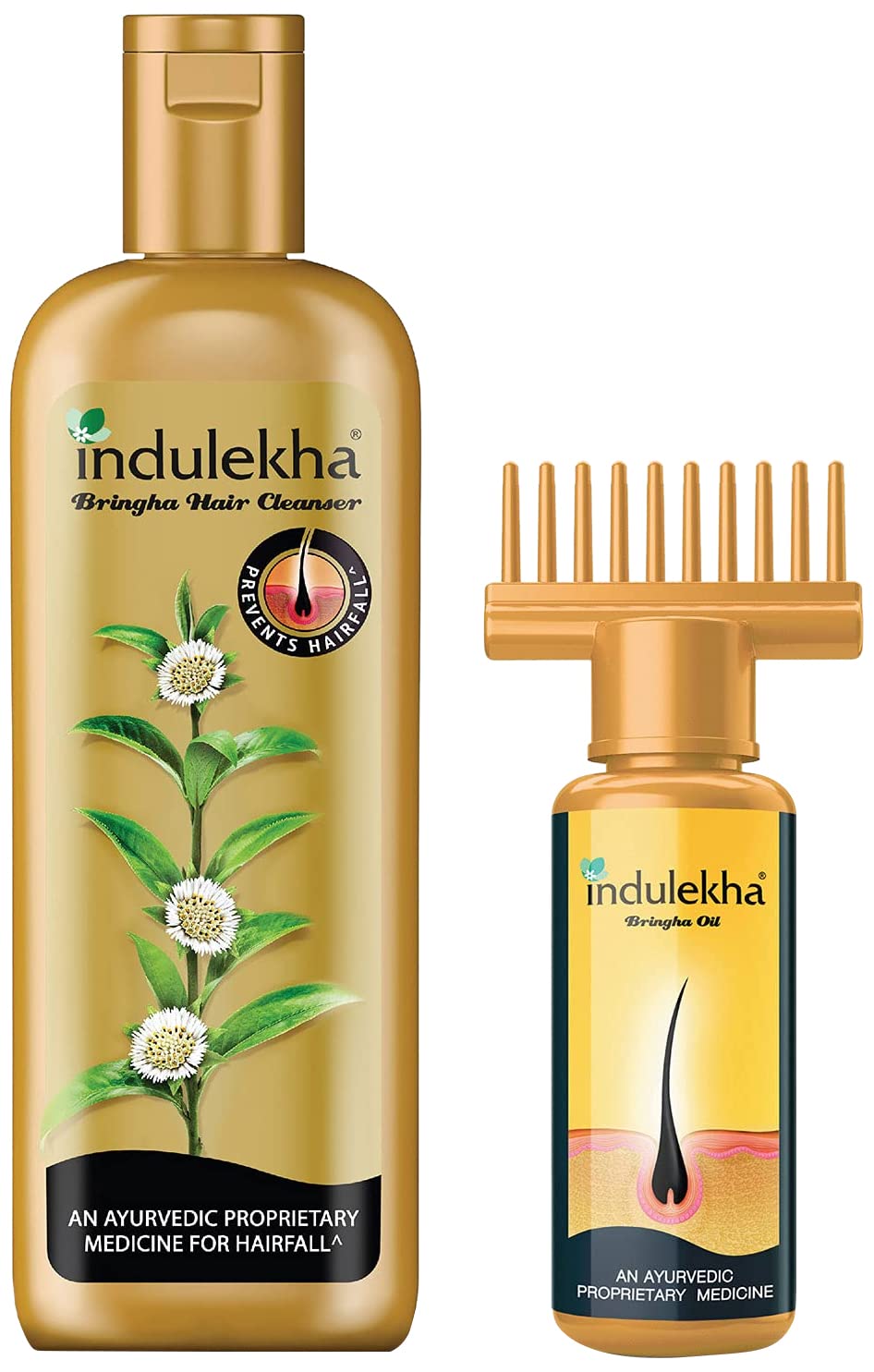Indulekha Bringha Ayurvedic Hair Oil 50 ml, Hair Fall Control and Hair Growth with Bringharaj & Coconut Oil - Comb Applicator Bottle for Men & Women & Ayurvedic Shampoo 100 ml