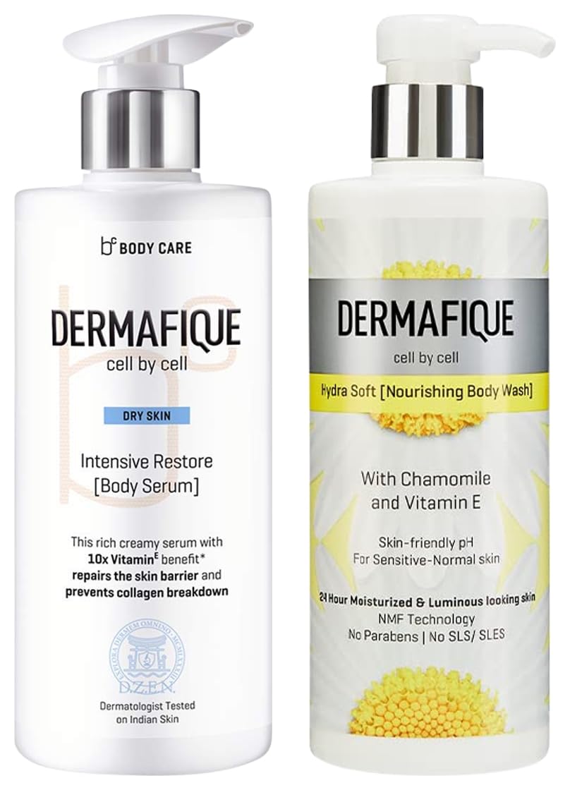 Dermafique Hydra Soft Nourishing Body Wash – 500ml Intensive Restore Body Lotion Serum with Vitamin E – 300ml Body Lotion