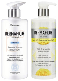 Dermafique Hydra Soft Nourishing Body Wash – 500ml Intensive Restore Body Lotion Serum with Vitamin E – 300ml Body Lotion