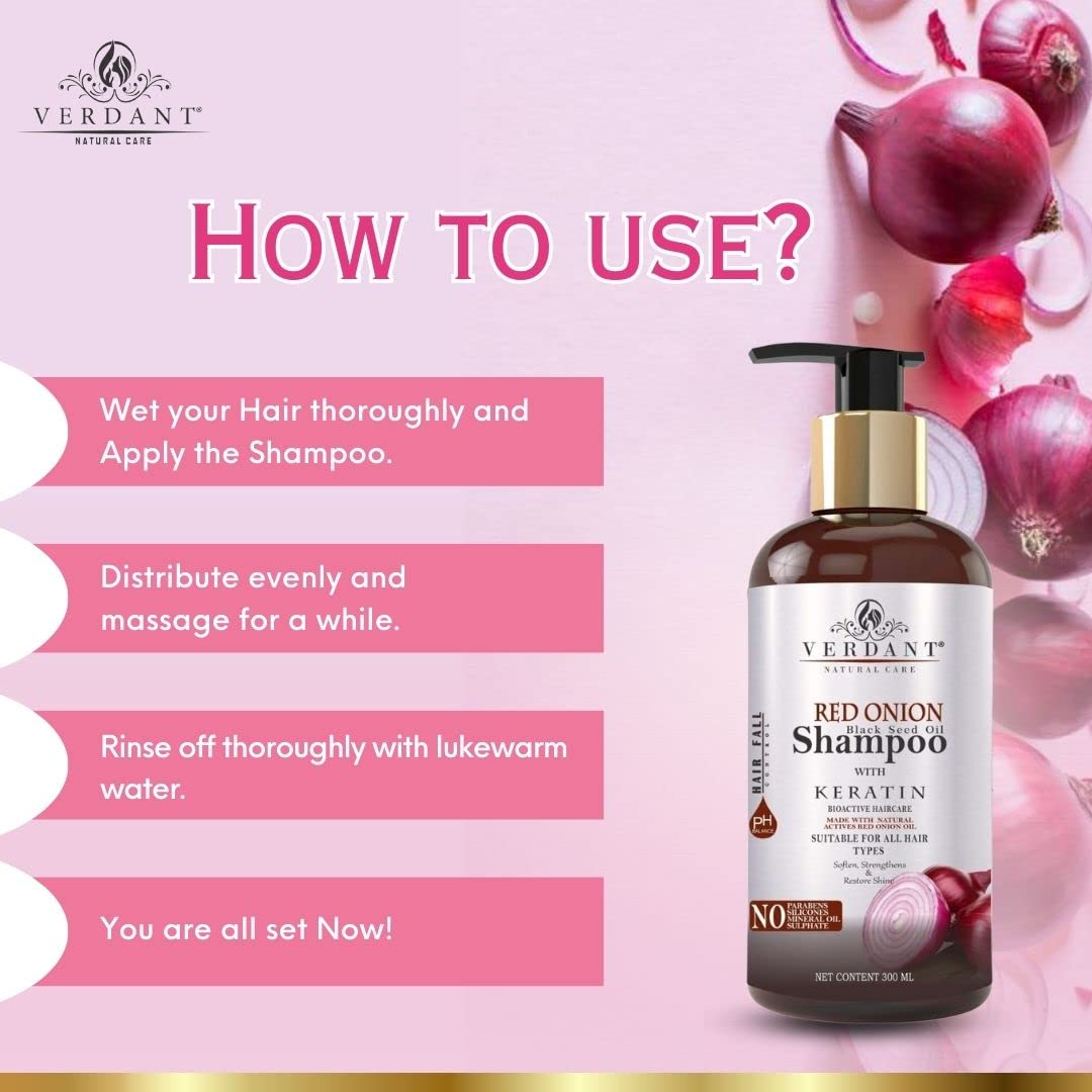 Verdant Natural Care Red Onion Shampoo for Hair Growth | With Black Seed Oil Extract, Keratin & Pro-Vitamin B5 | Onion Shampoo for Hair Fall Control | Onion Shampoo for Hair Fall | Anti Fall Hair Shampoo for Women & Men | Red Onion Hair Shampoo - No Parab