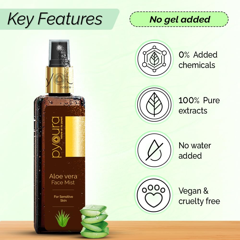 PYOURA Aloe vera Hydrating No Gel Face Toner Mist 100 ml, Serum For Skin Hydration Repair & Sunburn, Alcohol Free Natural Face Toner For Glowing Skin, Toner For Oily Dry Combination Skin