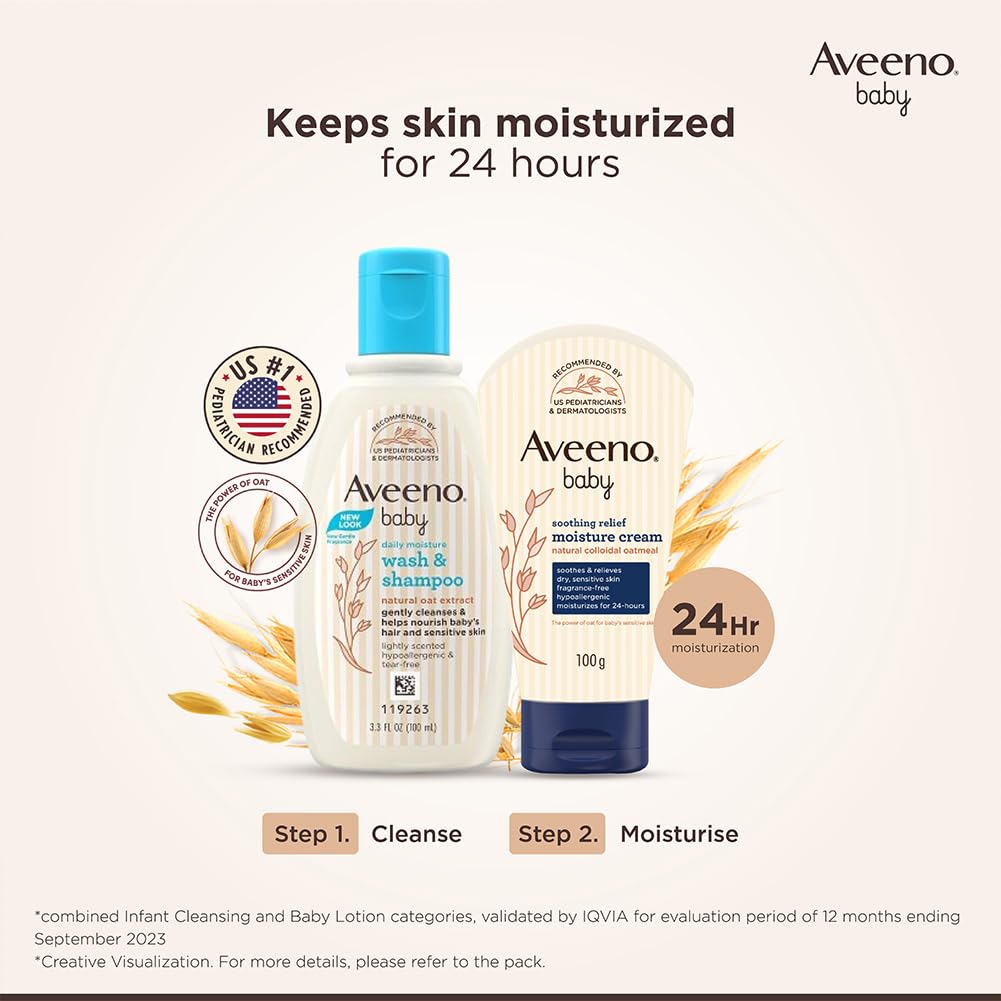 Aveeno Baby Soothing Relief Moisture Cream 100g 24-Hour Protection for Dry, Itchy, Sensitive Skin | Clinically Proven | Active natural oats | US pediatrician recommended | Hypoallergenic, fragrance-free & paraben-free
