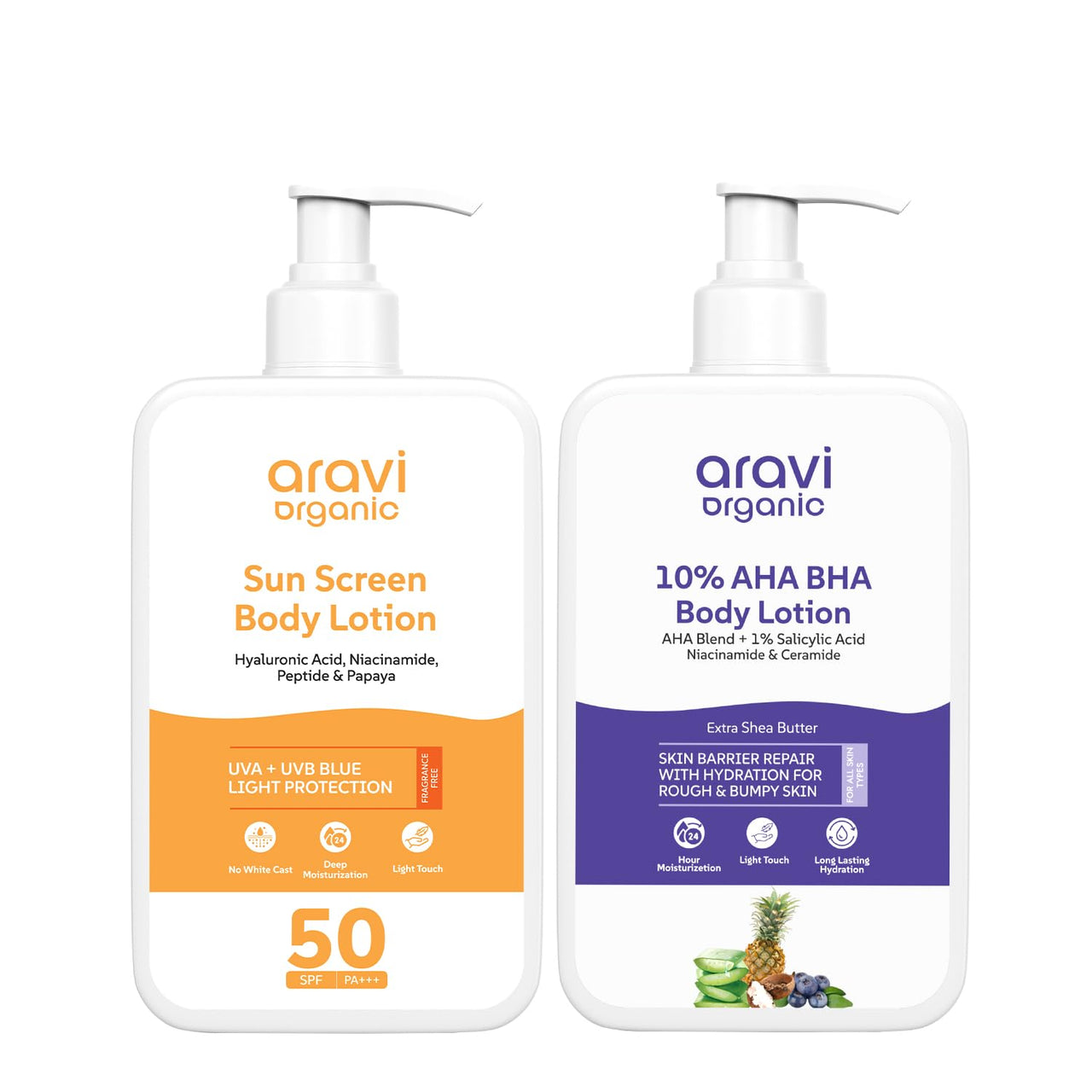 Aravi Organic De-Tan Body Lotion Combo | AHA BHA Body Lotion for Skin Renewal & SPF 50 PA++++ Sunscreen for Tan Protection | Hydrating & Brightening Formula | For Men & Women | 200ml