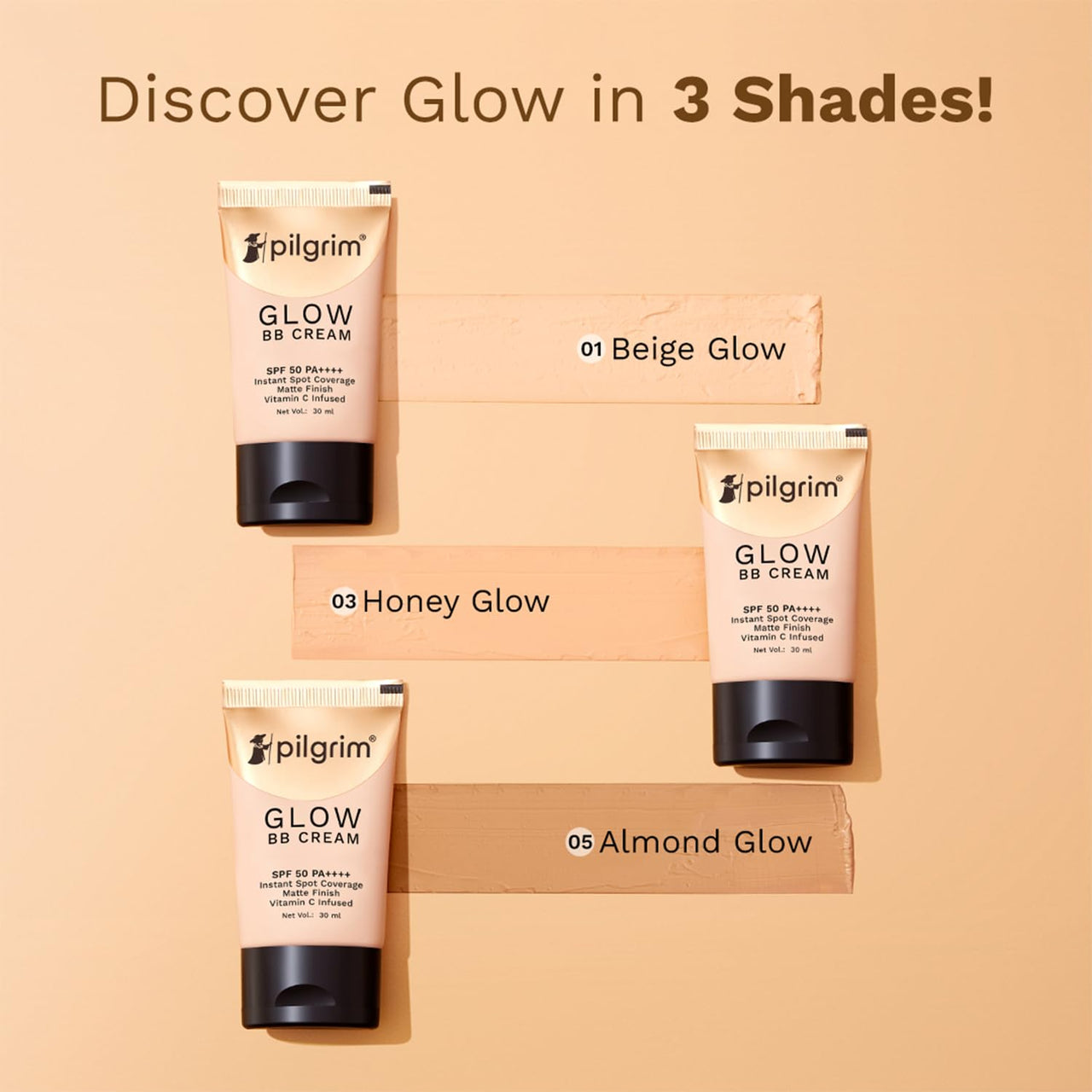 Pilgrim Beige Glow 3-In-1 Natural Bb Cream Medium Coverage For All Skin Types Spf 50 Pa++++ With Niacinamide, Hyaluronic Acid & Vit C - 30G, Pack Of 1