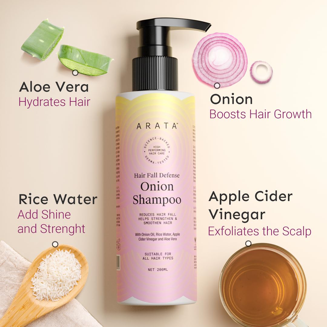 Arata Hair Fall Defense Onion Shampoo (200 ML) | Controls Hair Fall | Helps Strengthen & Smoothen Hair | With Onion Oil, Rice Water, Apple Cider Vinegar and Aloe Vera