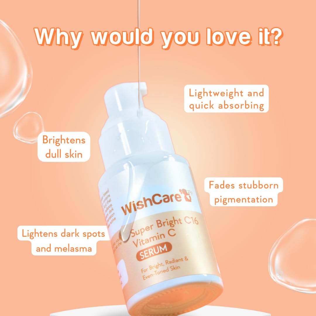 WishCare Super Bright C16 Vitamin C Serum for Oily Skin, Dry & Combination Skin -10% Vitamin C, 4% Niacinamide,1% Kojic Acid, 0.5% Ferulic Acid, Licorice & 4-n-BR- Serum For Pigmentation & Dark Spots 30ml
