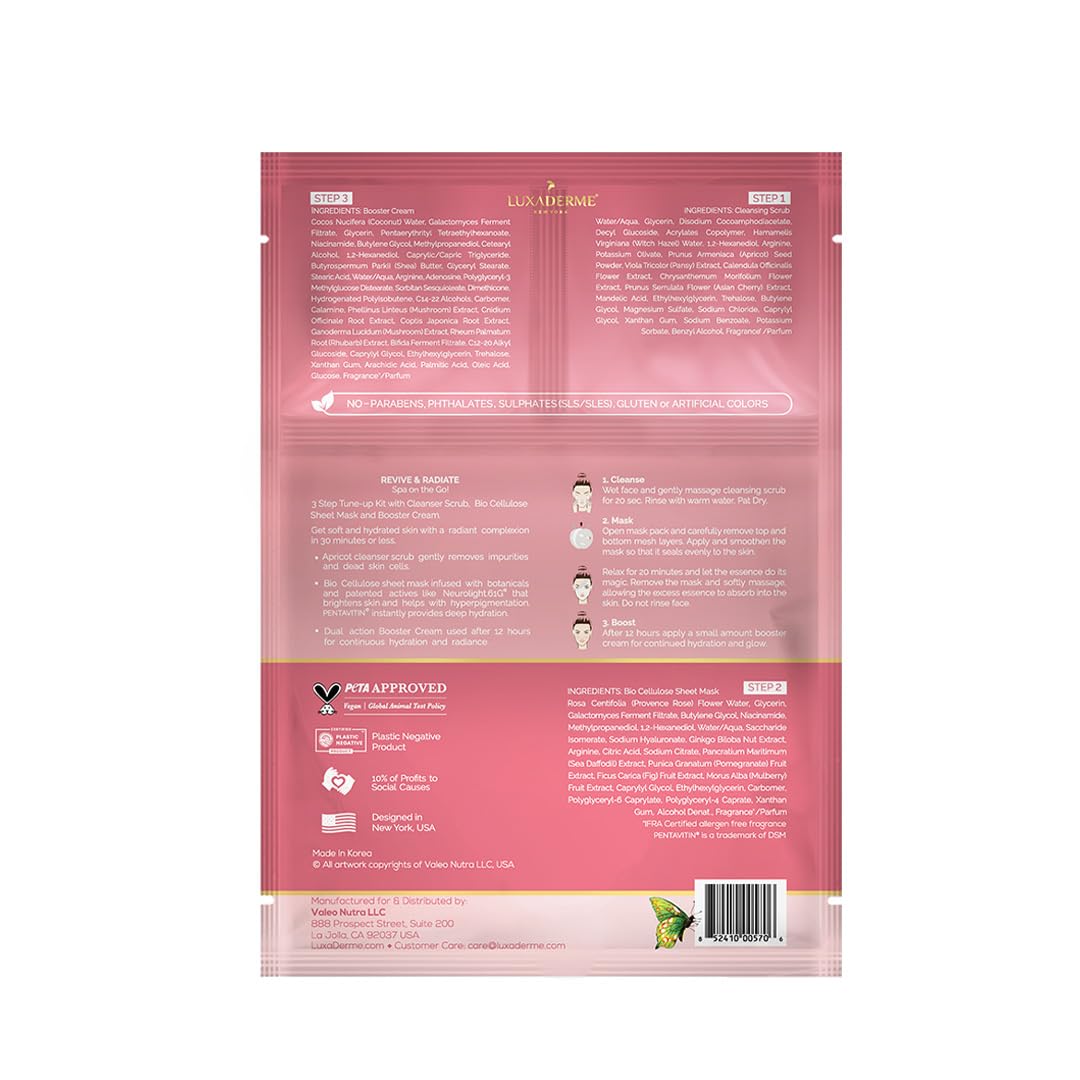 LuxaDerme 3 Step Korean Facial Kit with Sheet Mask | Revive & Radiate | For Smooth & Glass Glow Skin | (Pack of 1)