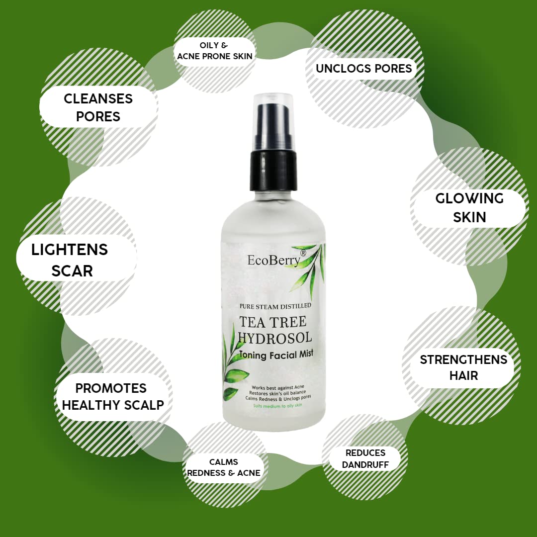 EcoBerry Pure Steam Distilled Teatree Hydrosol Toning Facial Mist For Oily Acne Prone Skin, Calms Redness, Breakouts, Restores Oil Balance, Suits Oily Skin, Natural, Chemical Free - 100 Ml