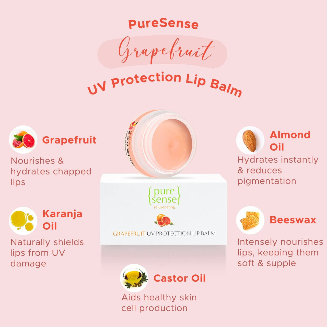 PureSense Vitamin-C Rich Grapefruit UV Protection Lip Balm for Dry Damaged & Chapped Lips | Softens & Protects Lips | Sulphate & Paraben Free | 5 g
