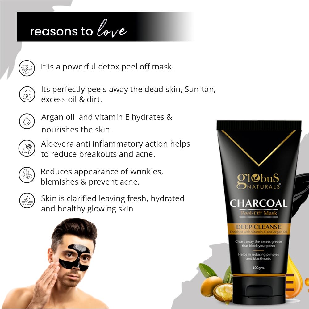 Globus Naturals Anti Pollution & Anti Acne Charcoal Peel Off Mask, Detoxifying Face mask, Fights Pollution and De-Tans skin, For Men with Oily & Acne Prone Skin, 100 gms, Pack Of 3