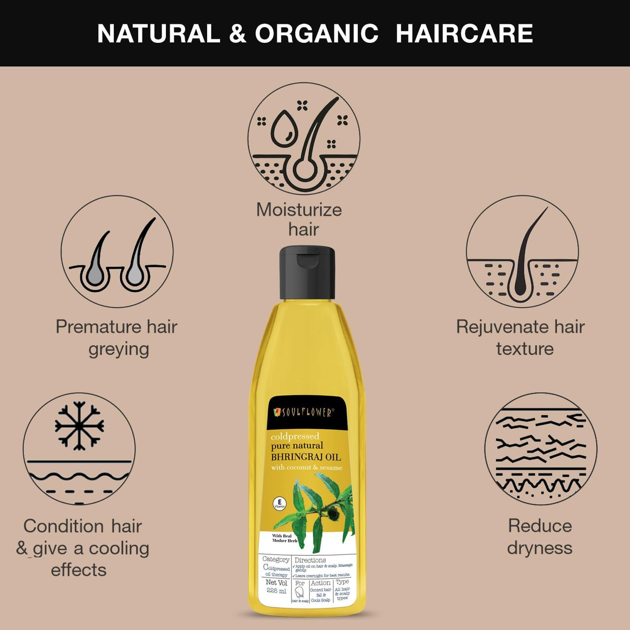 Soulflower Maha Bhringraj Oil for Hair growth 225ml | Natural Hair Growth, Strengthening & Nourishing Roots | Anti-Dandruff, Cooling Scalp Relief | Coconut & Sesame Oil Blend | Pure & Organic